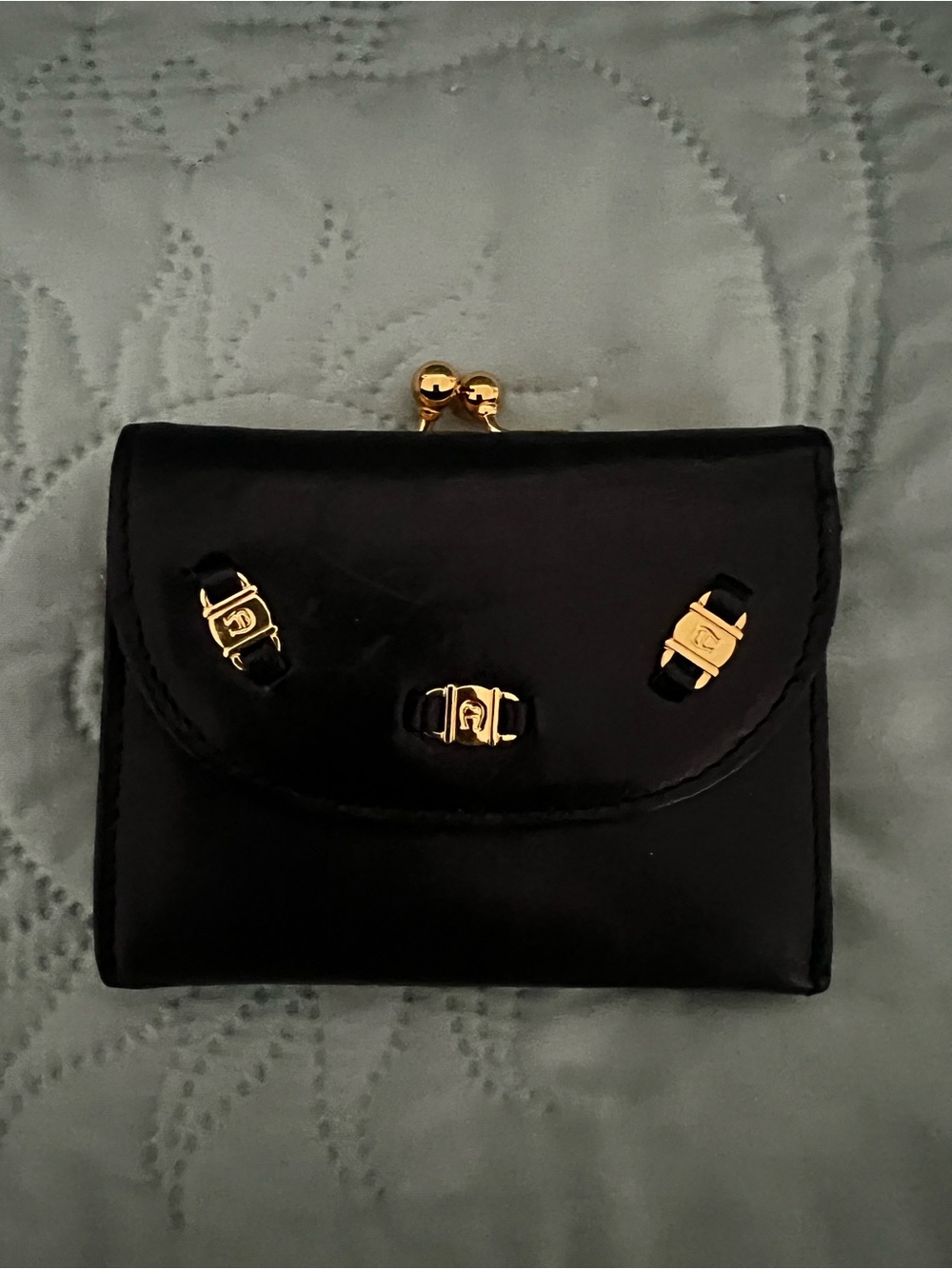 Etienne Aigner Black Leather Coin & Card Holder with Gold Accents
